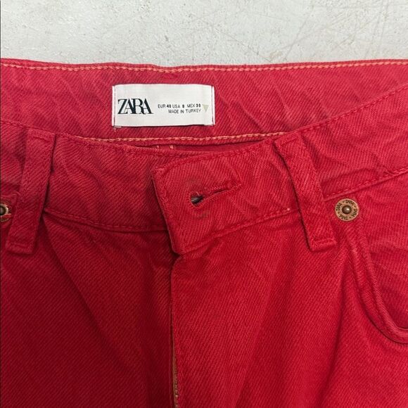 Zara Bold Red Denim Pants - Jeans - Size 8 BRAND NEW Wide Leg Jeans - Picture 2 of 2